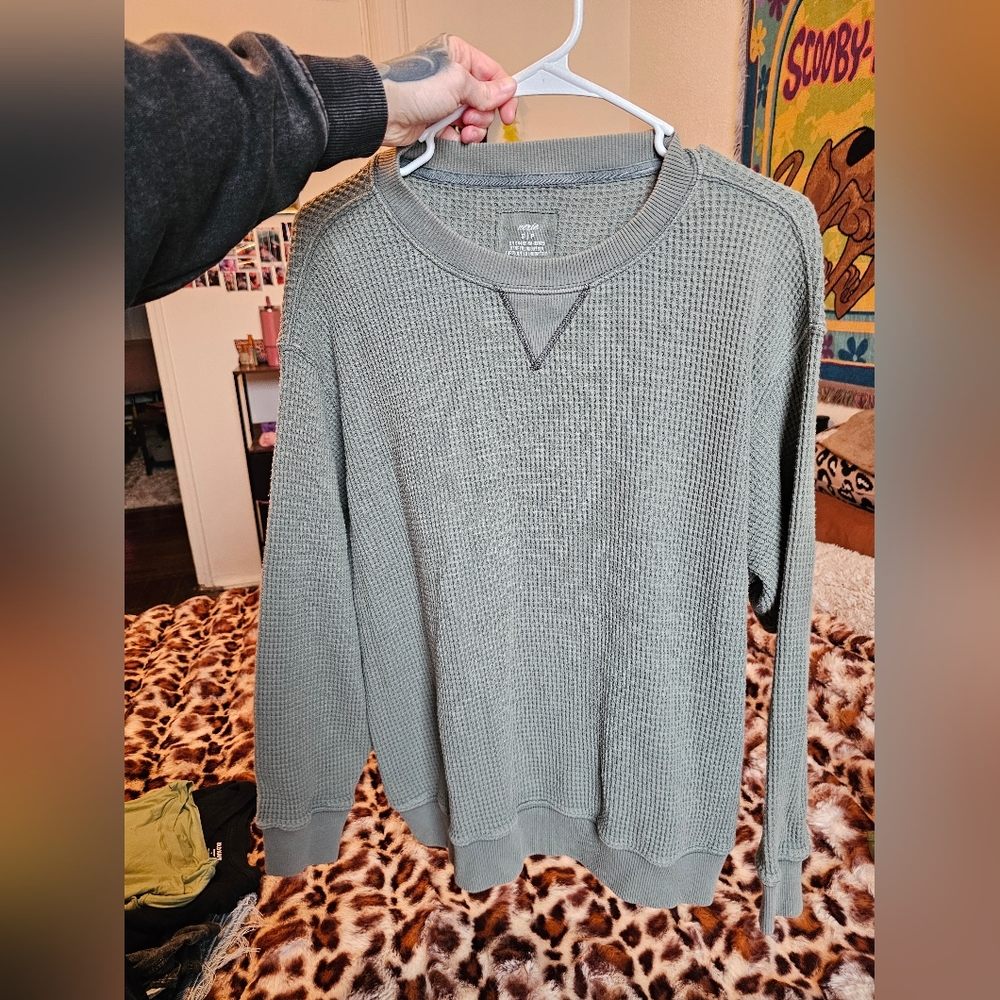 Aerie Olive Waffle Knit Crewneck Sweater